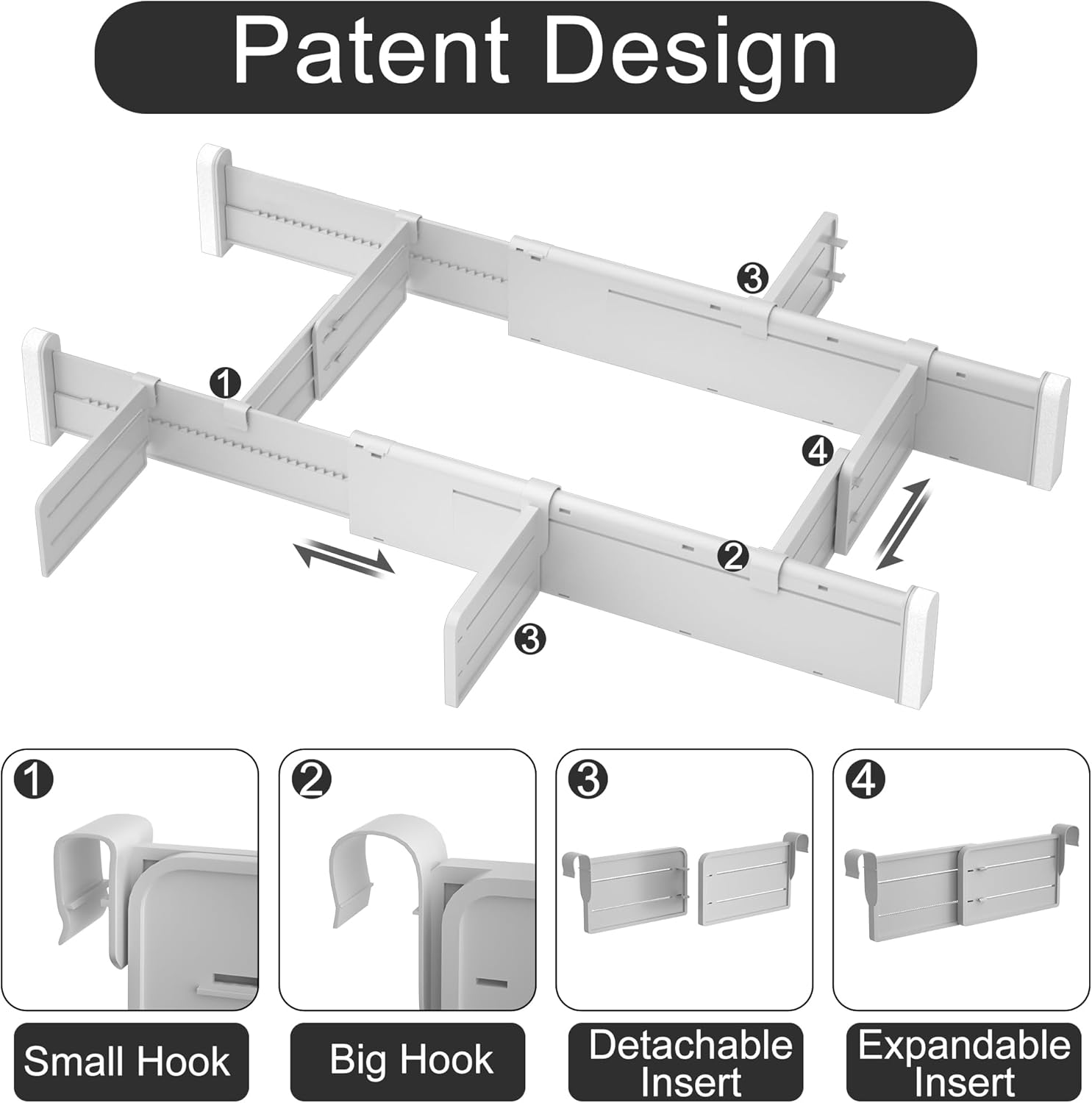 HiYZ Expandable Drawer Dividers with Inserts - Adjustable Drawer Organizers Separators for Kitchen, Bedroom, Dresser, Office, 8 Long Dividers(12.6-22.8 IN) with 16 Inserts(3.9-7.1 IN) - Gray