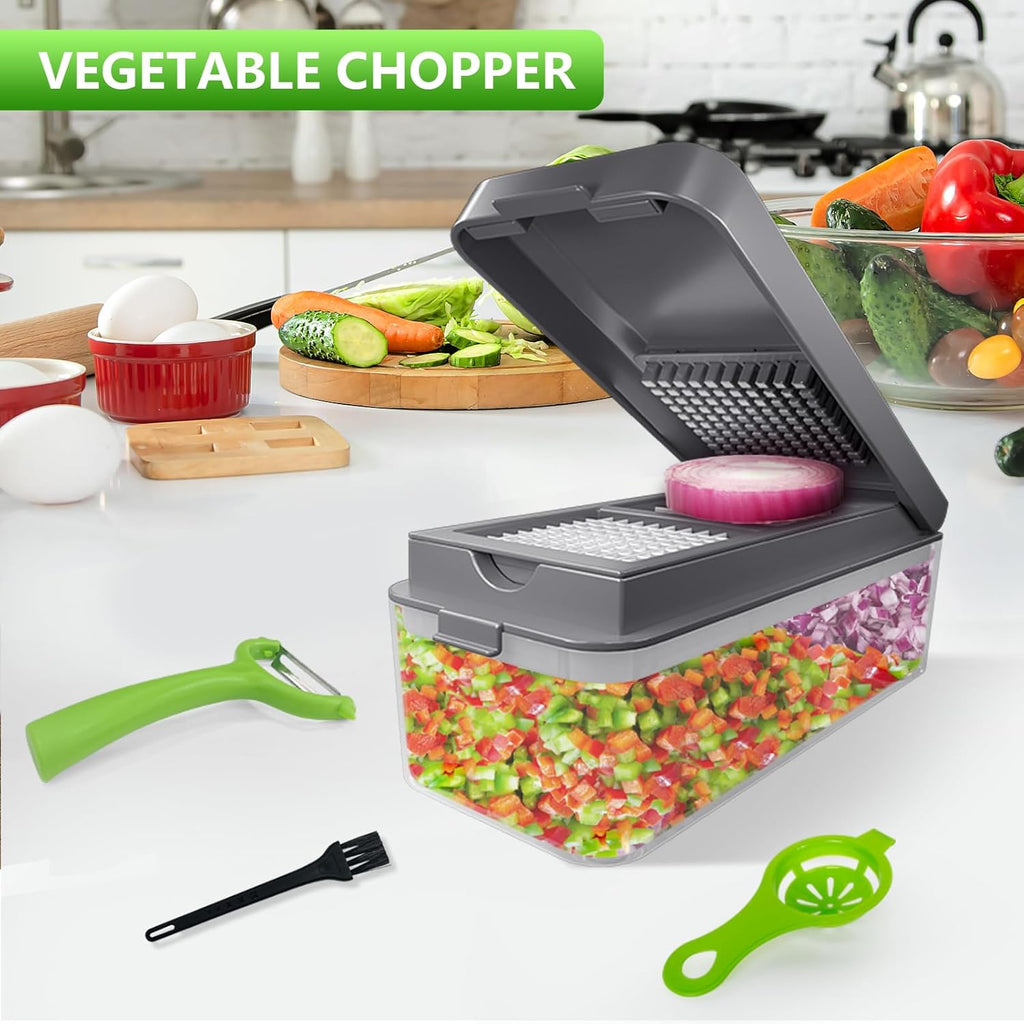 Vegetable Chopper, Onion Chopper Dicer, Mandoline Slicer with Container, Vegetable Cutter for Salad Potato Carrot Garlic（2 Blades, Grey）