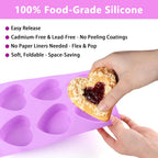 3-Pack 6-Cup Silicone Muffin Pans, Nonstick Cupcake Baking Molds, BPA/PFA-Free, Dishwasher & Oven Safe Heart-shaped Purple