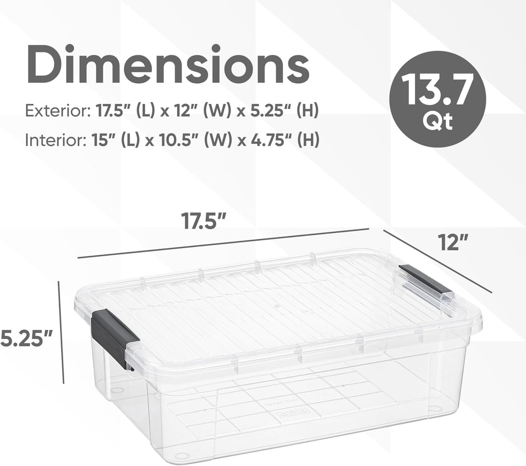 Superio Storage Bins with Lids, Clear Plastic Containers for Organizing, Stackable Totes, BPA Free, Odor Free, Organizer Boxes for Home, and Dorm (4 Pack, 13.7 Qt)