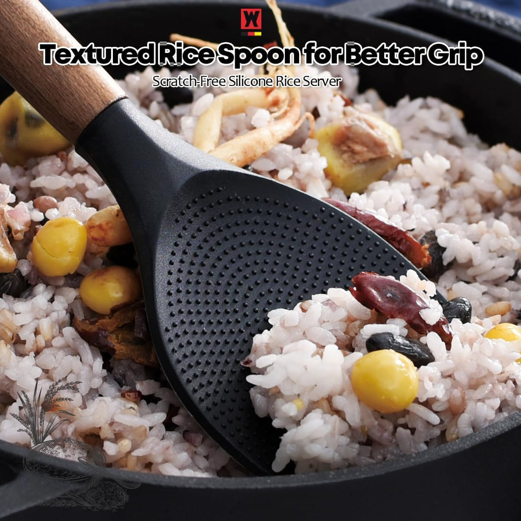 Silicone Rice Paddle with Wooden Handles: Non-Stick Rice Spoon, Mashed Potato Serving Spoon, Heat Resistant Cookware, Protects Surfaces with Gentle Head Design