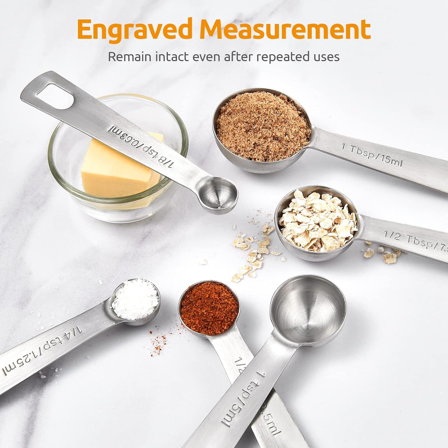 Measuring Spoons: U-Taste 18/8 Stainless Steel Measuring Spoons Set of 6 Piece: 1/8 tsp, 1/4 tsp, 1/2 tsp, 1 tsp, 1/2 tbsp & 1 tbsp Dry and Liquid Ingredients