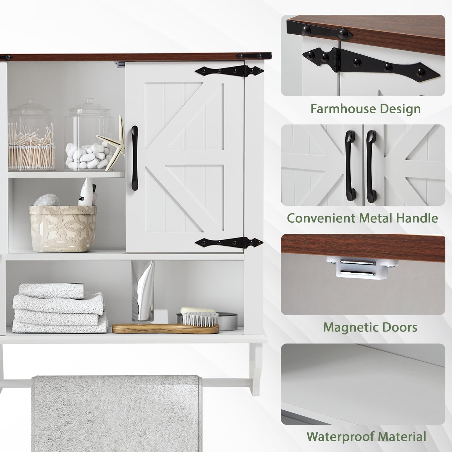 JOMEED Bathroom Wall Cabinet, Farmhouse Medicine Cabinet Storage with Doors and Adjustable Shelf, Over The Toilet Storage, White