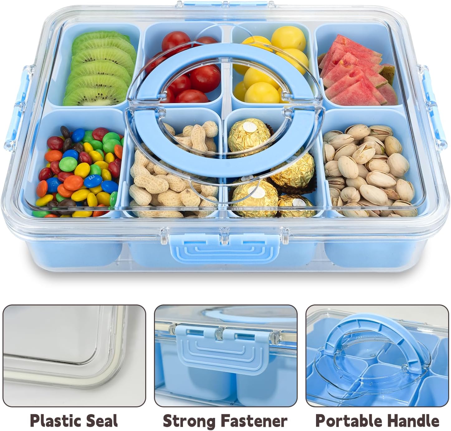 Divided Serving Tray with Lid and Handle,8 Compartments Snacks Box,Snack Fruit Veggie Tray,Portable Platter for Candy Fruits Nuts Snack Party Entertaining Picnic (2PCS Blue)