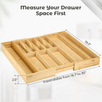 Fabsome Silverware Organizer for Cabinet Drawer, Expandable from 16.7'' to 30'' Wide Bamboo Wood Flatware Tray for Large Kitchen Drawers, Cutlery Utensil Holder