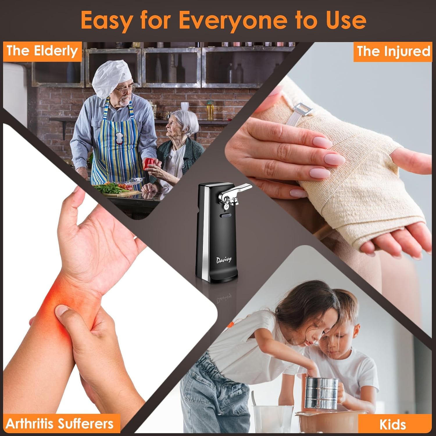 Davivy Electric Can Opener,Stainless Steel Tall Automatic Can Opener, Knife Sharpener and Bottle Opener (Black)