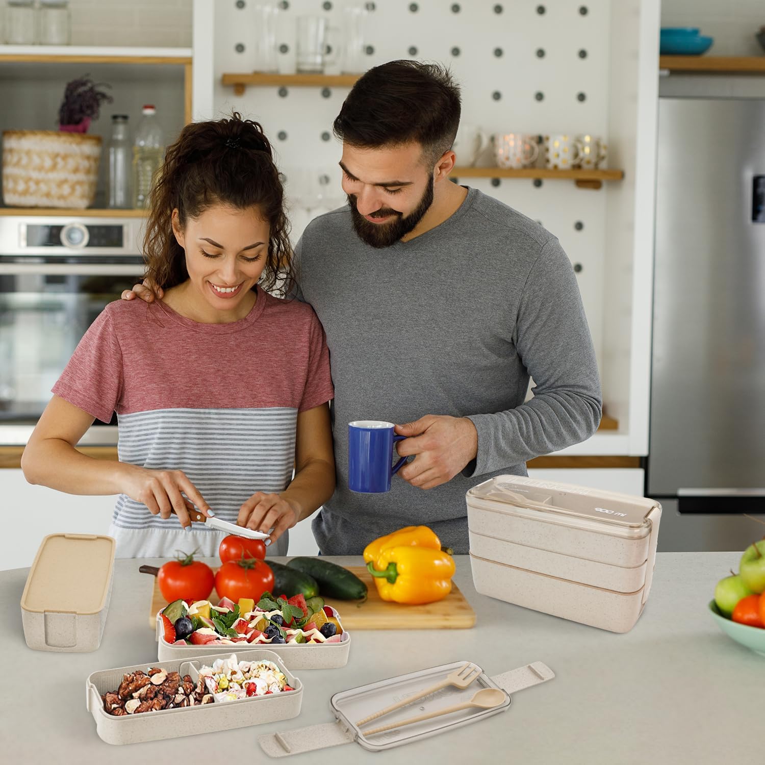 Bento Box Adult Lunch Box, Stackable 3-In-1 Compartment Bento Containers Kit with Spoon&Fork, Wheat Straw Meal Prep Containers Beige