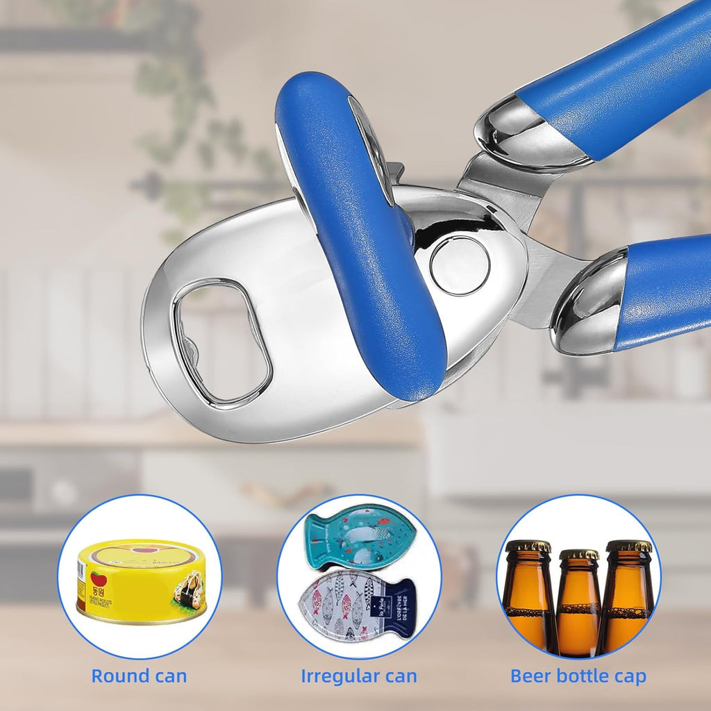 Multi-function Manual Can Opener Bottle Opener, Oversized Hand-held Easy Rotary Knob, Safe Cut Can Opener with Non-Slip Handle, Smoother Cut Sharp Blade for Seniors Kitchen Tool, Blue