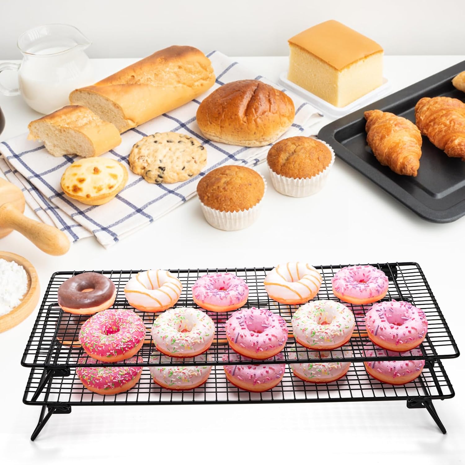 Kingrol 2-Piece Cooling Rack with Collapsible Folding Legs - for Cooking, Roasting, Drying, Grilling (Black)