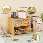 Double Layer Bread Box for Kitchen Countertop, Large Breadbox Bread with Windows, Wooden Farmhouse Bread Holder (Natural Bamboo)