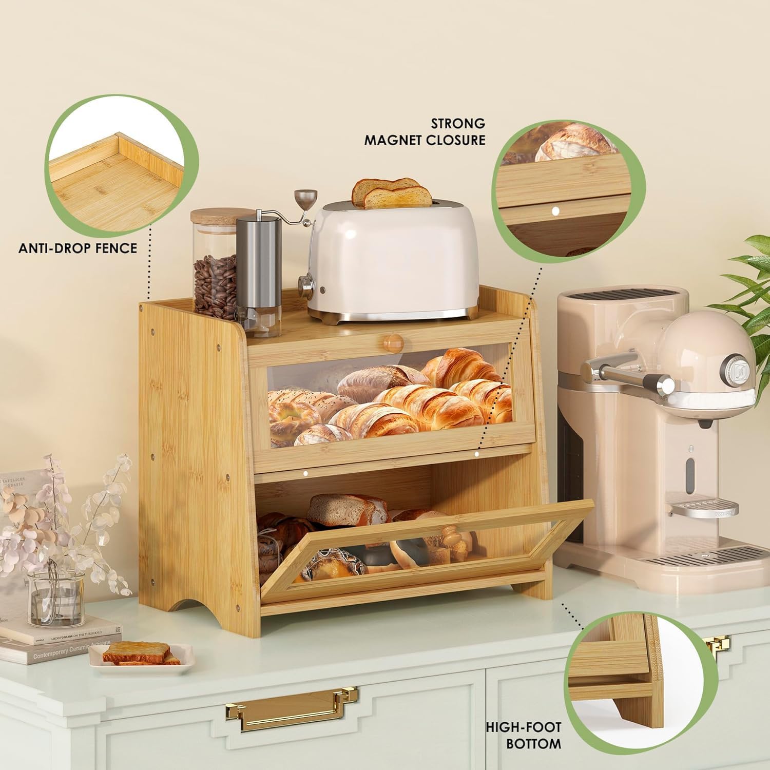 Double Layer Bread Box for Kitchen Countertop, Large Breadbox Bread with Windows, Wooden Farmhouse Bread Holder (Natural Bamboo)