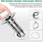 Bathroom Sink Drain Strainer,Universal Pop-Up Sink Stopper Hair Catcher, Anti-Clog Stainless Steel Drain Filter Basket, Removable Sink Drain for Bathroom Sink Stopper Replacement