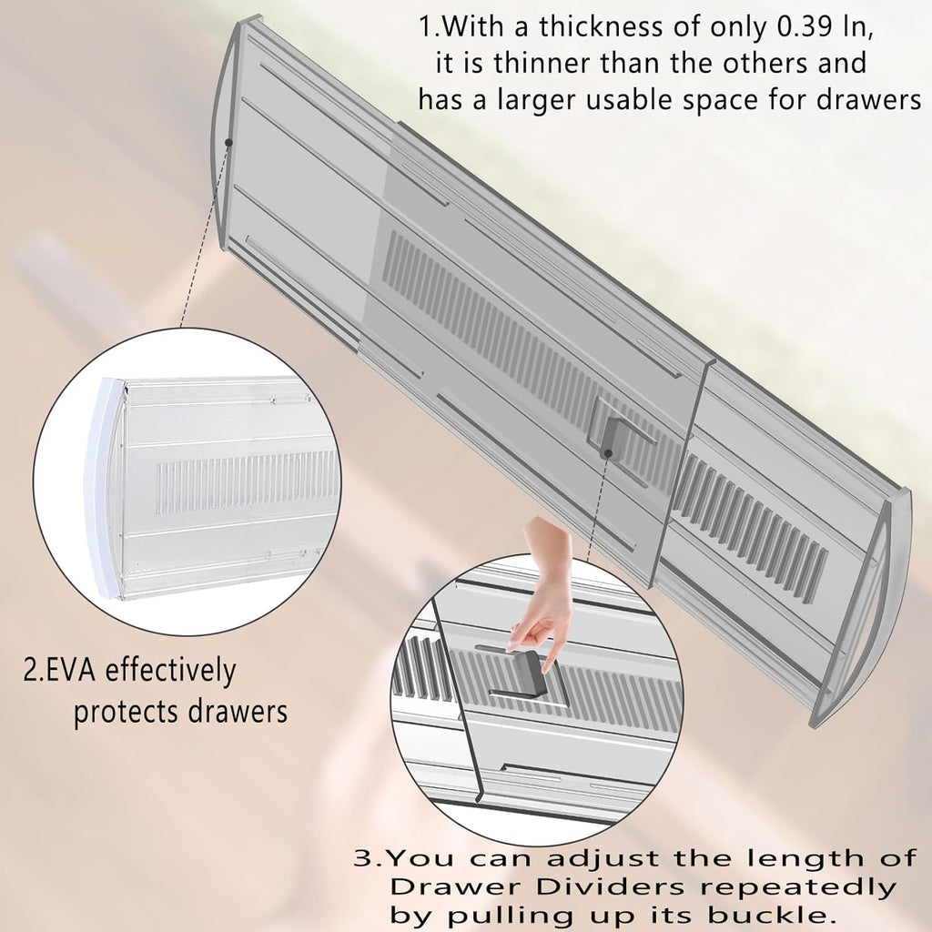 8 Pack Adjustable Drawer Dividers for Clothes,4" High Expandable From 13-22" Clear Drawer Organizers, PET Plastic Separators for Dresser/Bedroom/Bathroom/Kitchen/Office Storage