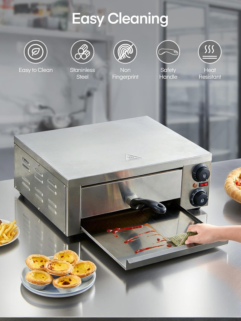 Commercial Pizza Oven, 12 Inch Countertop Pizza Ovens with 662°F Max Temp, Electric Pizza Cooker with Alert Timer, 1500W Stainless Steel Pizza-Maker Machine, for Restaurant, Home, Party, Silver