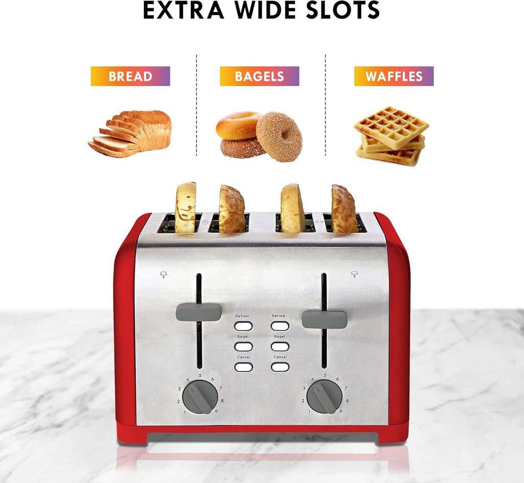 Kenmore Toaster 4 Slice - Extra Wide Slot Countertop Kitchen Appliance, Defrost Function, Grille-Pain, 9 Shade Settings, Compact Design, Easy Clean Crumb Tray, Bread Bagel, Stainless Steel & Red