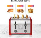 Kenmore Toaster 4 Slice - Extra Wide Slot Countertop Kitchen Appliance, Defrost Function, Grille-Pain, 9 Shade Settings, Compact Design, Easy Clean Crumb Tray, Bread Bagel, Stainless Steel & Red