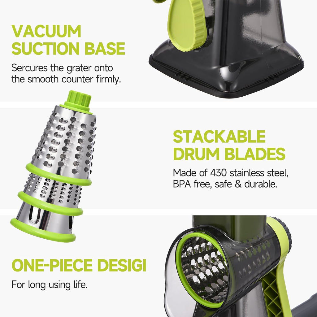 Rotary Cheese Grater with Handle Kitchen Shredder Slicer Grater Slicer Ice Shaver Cheese Vegetable Nuts Potato Zucchini Chocolate 3 Interchangeable Blades (blue)