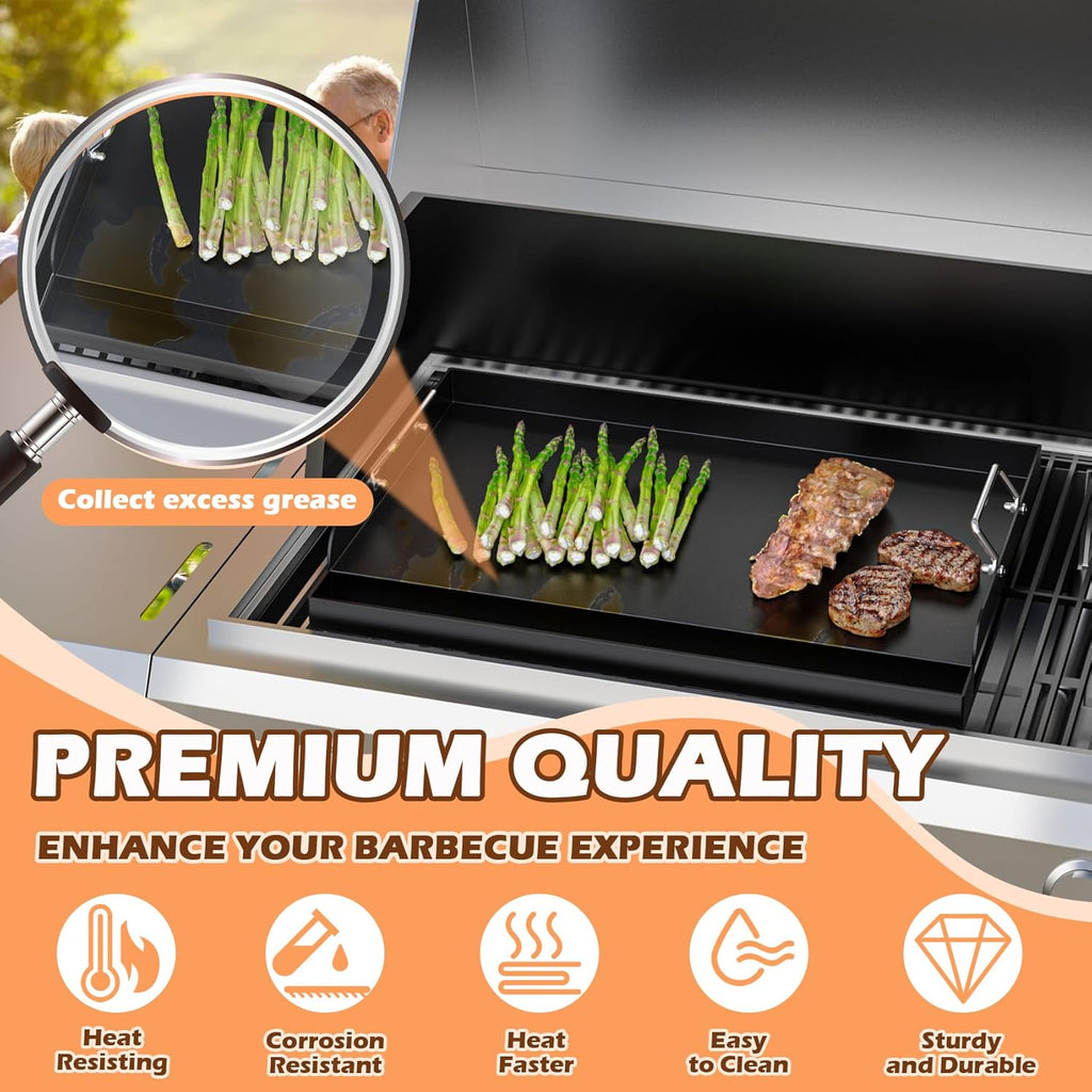 Universal Nonstick Cast Iron Griddle for Gas & Charcoal Grills & Stove Top, Thickened 25" x 16" Flat Top Grill Griddle Plate with Extra High Sidewalls, Grease Groove & Handles, for Camping