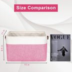 Storage Bins Large Fabric Storage Baskets for Shelves 3 Pack, Decorative Linen Closet Baskets with Handles for Organizing, Shelf, Clothes, Home, Office, 15x11x9.5Inches (Pink&White)