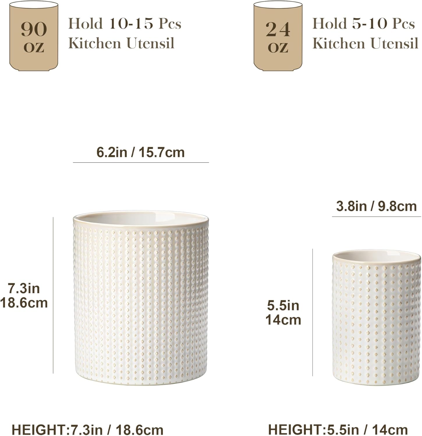 MALACASA LYDIA Ceramic Utensil Holders, 7.3"+5.5" Kitchen Utensil Crock Set for Countertop, Large & Small Utensil Organizers for Cooking Tools, Rhombus Pattern
