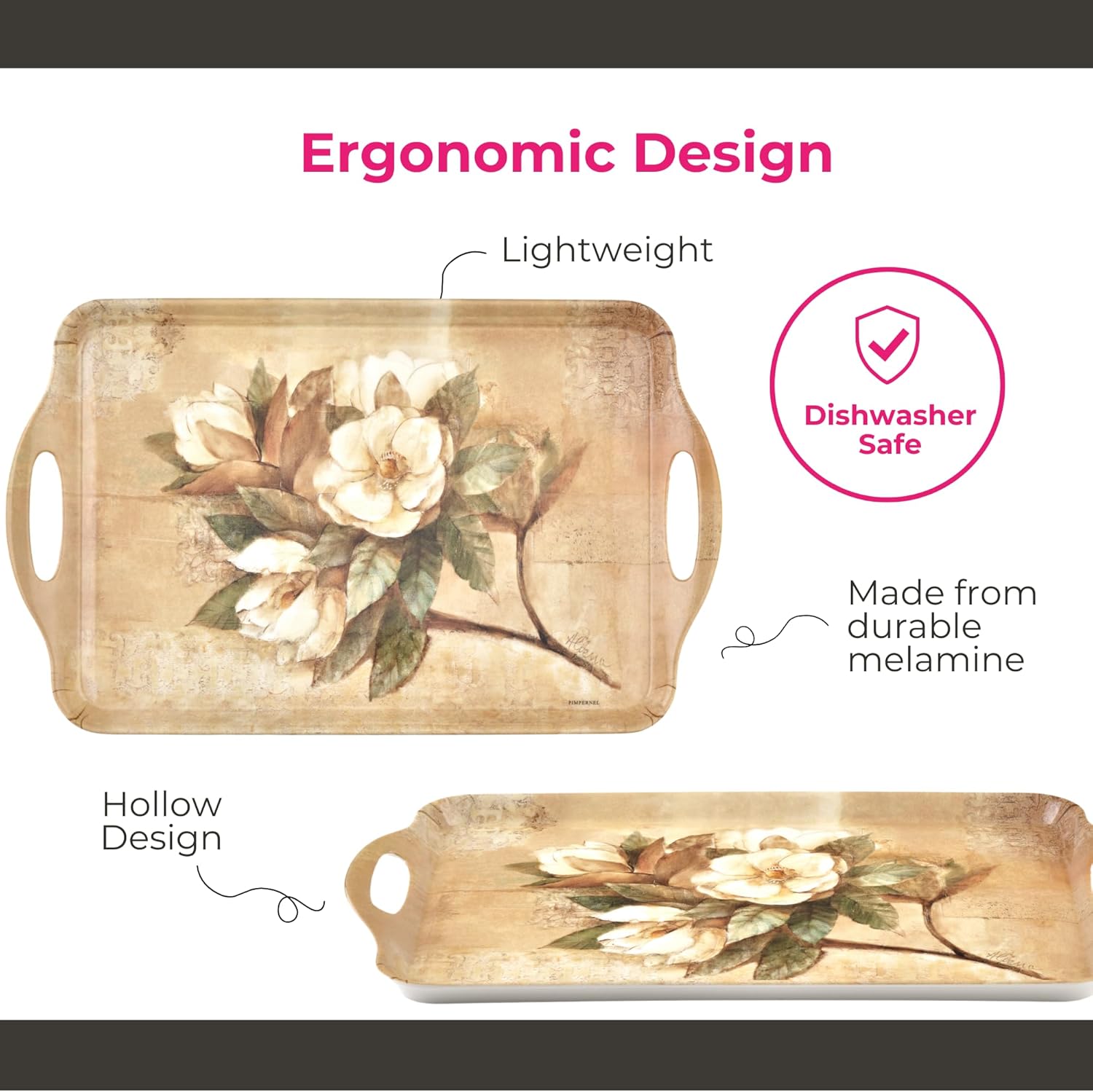 Pimpernel Sugar Magnolia Large Handled Tray - Rectangular Melamine Serving Tray with Bright Floral Magnolia Design & Side Handles - Dishwasher Safe Platter for Snacks Drinks/Decorative Table Display
