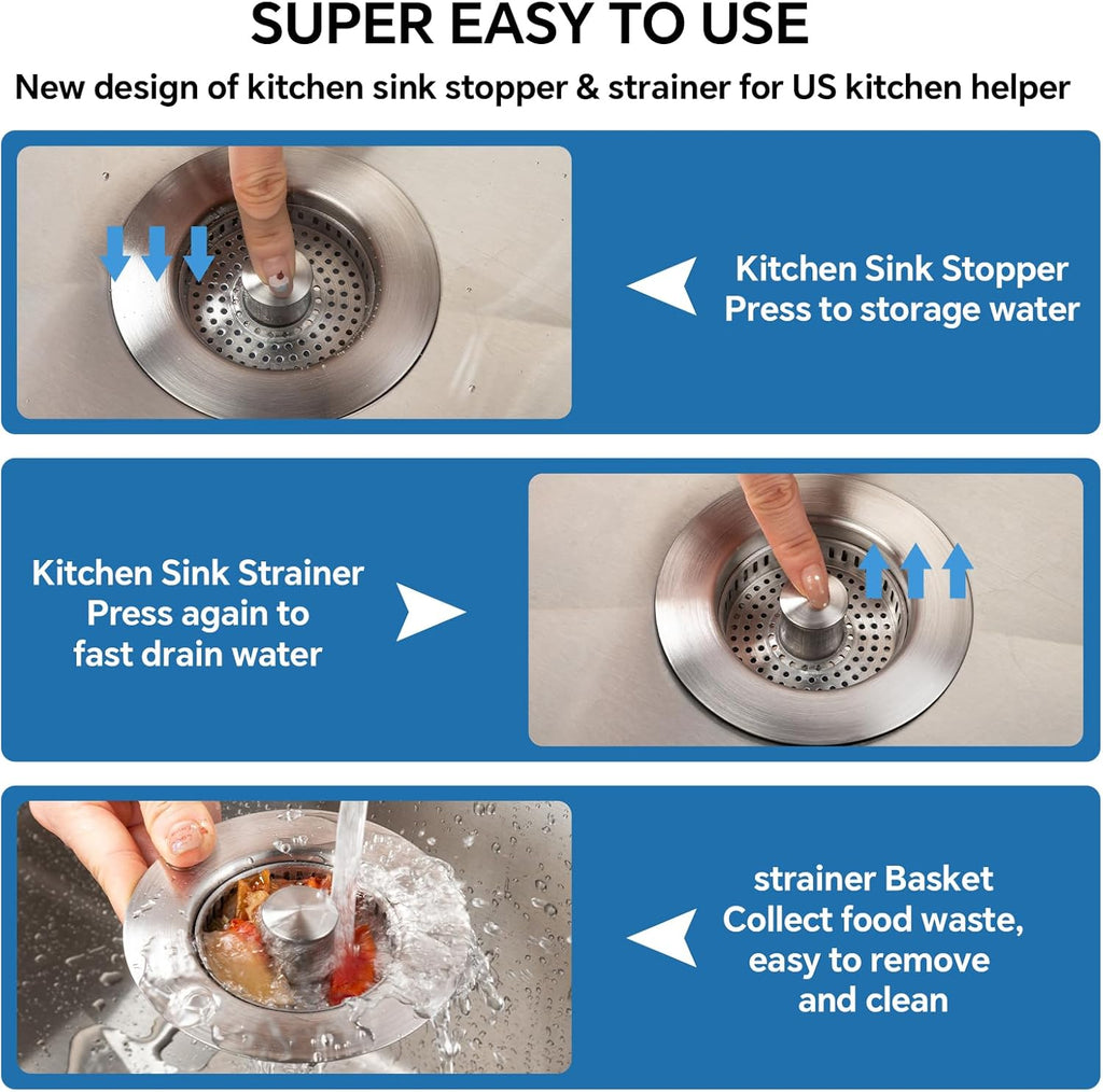 SELLO 3 in 1 Kitchen Sink Drain Strainer, 304 Stainless Steel Pop-Up Sink Stopper with Filter Basket, Anti-Clogging Sink Drain Strainer for 3-1/2''Drain Hole of US Standard Kitchen Drain