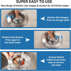 SELLO 3 in 1 Kitchen Sink Drain Strainer, 304 Stainless Steel Pop-Up Sink Stopper with Filter Basket, Anti-Clogging Sink Drain Strainer for 3-1/2''Drain Hole of US Standard Kitchen Drain