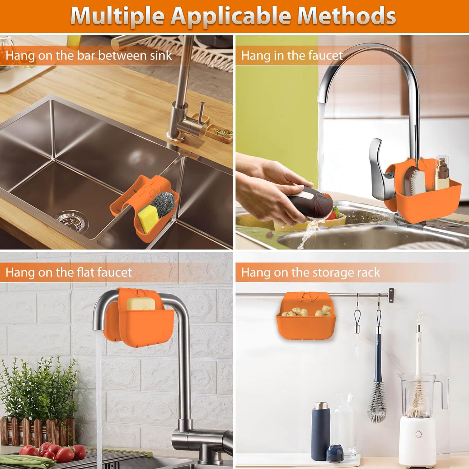 Sponge Holder for Kitchen Sink, Silicone Sink Saddle Caddy Organizer Rack, Sponges Holder Over Faucet, Hanging Kitchen Organizer Accessories Rack Basket Orange
