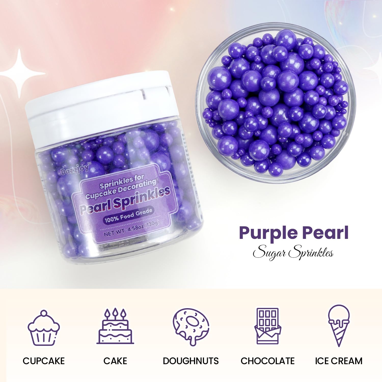 Dazzjoy Edible Pearl Purple Sugar Sprinkles, 130g/4.58oz, Purple Ball Pearls Sprinkles for Cake Decorating, Cupcake Toppers, Edible Cake Decoration