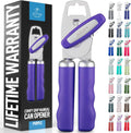 Zulay Kitchen Heavy Duty Stainless Steel Can Opener Manual with Bottle Opener - Rust Proof Manual Can Opener With Turn Knob & Comfy Soft Grip Handles - Purple