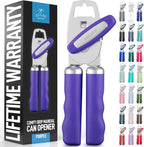 Zulay Kitchen Heavy Duty Stainless Steel Can Opener Manual with Bottle Opener - Rust Proof Manual Can Opener With Turn Knob & Comfy Soft Grip Handles - Purple