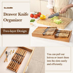 HEZHEN 11-slots Cherry Wood In-drawer Knife Tray,Knife Holder, Knife Block without Knives, Fit for 10 Knives and 1 sharpening rod