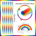 JANYUN 30 Pieces Rainbow Drinking Straws, 9inch Hard Platic Reusable Straws LGBT Gay Pride Colorful Rainbow Striped Straw for Pride Party Favors Decorations with Cleaning Brush
