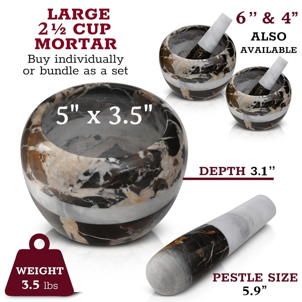 Gusto Nostro Natural Marble Mortar and Pestle Set | 5 Inch - 2.5 Cup Large Mortar Pestle Set for Grinding Herbs, Nuts, Grains | Pesto Grinding and Guacamole Stone Bowl | Marble Spice Crusher