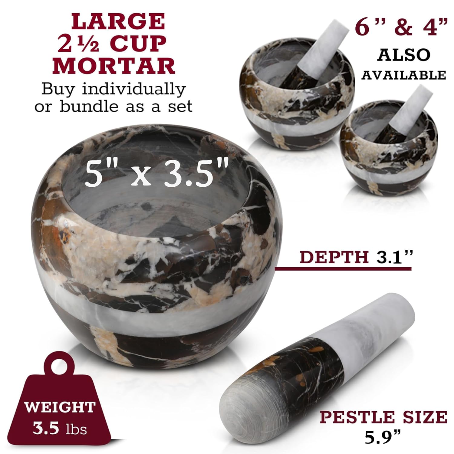 Gusto Nostro Natural Marble Mortar and Pestle Set | 5 Inch - 2.5 Cup Large Mortar Pestle Set for Grinding Herbs, Nuts, Grains | Pesto Grinding and Guacamole Stone Bowl | Marble Spice Crusher