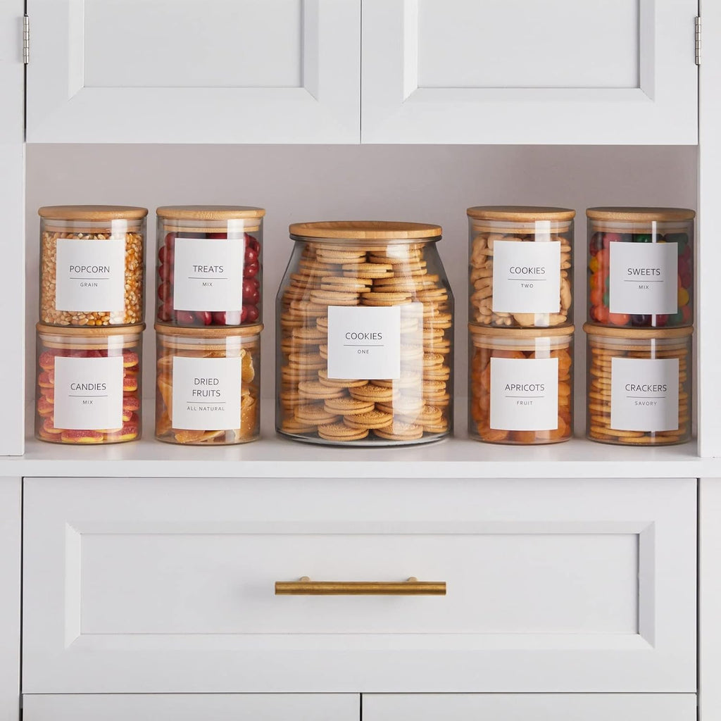 Talented Kitchen 144 Pantry Labels for Containers, Food Storage - Preprinted Black All-Caps on Matte White Vinyl Stickers for Minimalist Style Kitchen (Water Resistant)