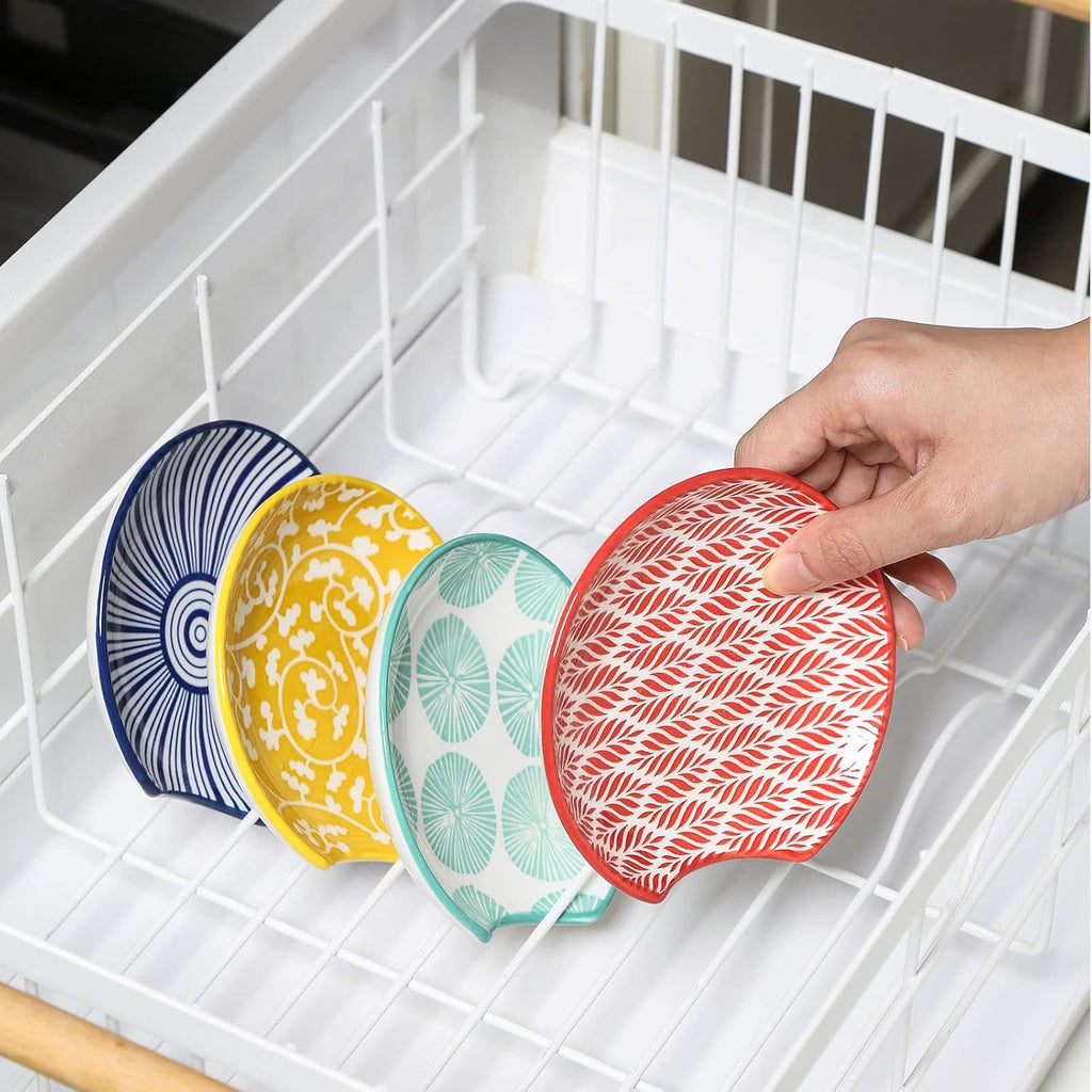 Selamica Ceramic Spoon Rest for Stove Top, 4.6 Inch Cooking Spoon Holder for Kitchen Counter, Stackable Utensil Rest Holder for Spatula Ladles Tong, Set of 4, Assorted Colors