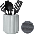 Small Utensil Holder for Kitchen Counter (H5.51” x W4.92”) Ceramic Countertop Utensil Holder for Kitchen Utensils Crock for Countertop Includes Silicone Drying Mat Light Cadetblue