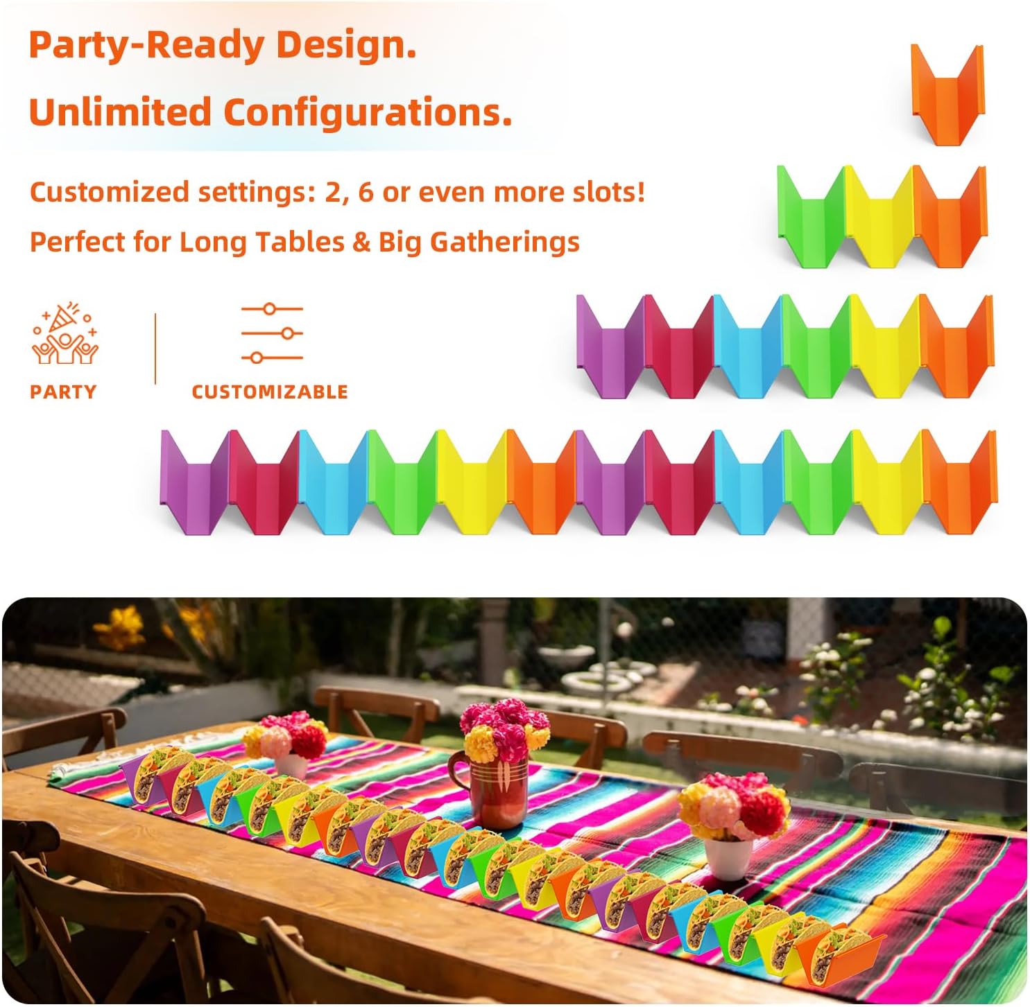 Colorful Taco Holder Set – Set of 6 with 2 Sauce Cups, Connectable & Stackable Plastic Taco Stands, Microwave & Dishwasher Safe, Great for Family Meals & Taco Nights