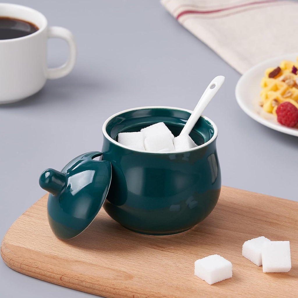 Ceramic Sugar Bowl with Lid and Spoon, Green Porcelain Sugar Salt Pepper Storage Jar, 8 Ounces