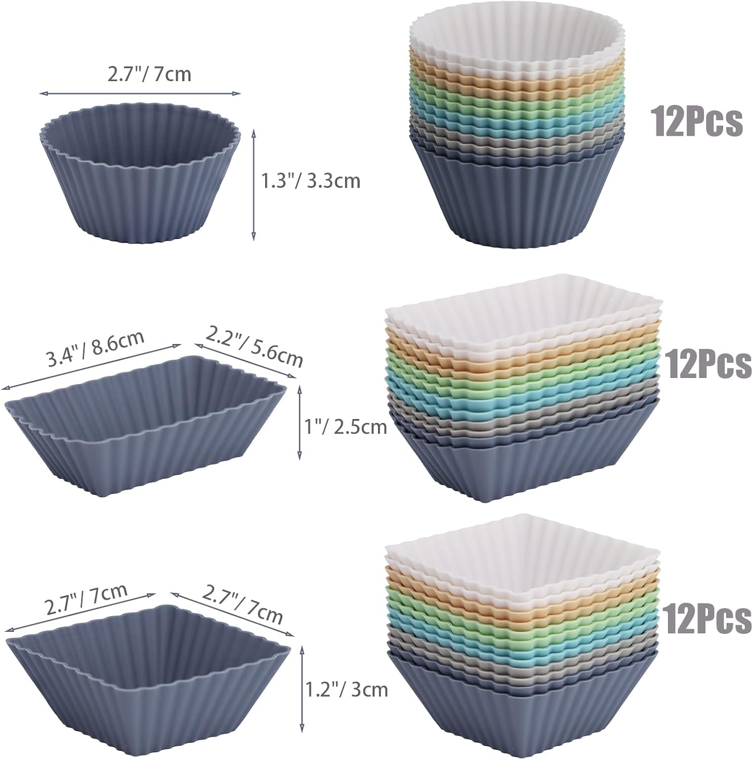 36-Pack Silicone Cupcake Liners, Reusable Muffin Cups – Round, Square & Rectangle Baking Cups, Non-Stick, Easy to Clean, Bento Box Accessories, Lunch Box Dividers for Kids(36 Liners + 20 Animal Picks)