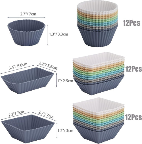36-Pack Silicone Cupcake Liners, Reusable Muffin Cups – Round, Square & Rectangle Baking Cups, Non-Stick, Easy to Clean, Bento Box Accessories, Lunch Box Dividers for Kids(36 Liners + 20 Animal Picks)