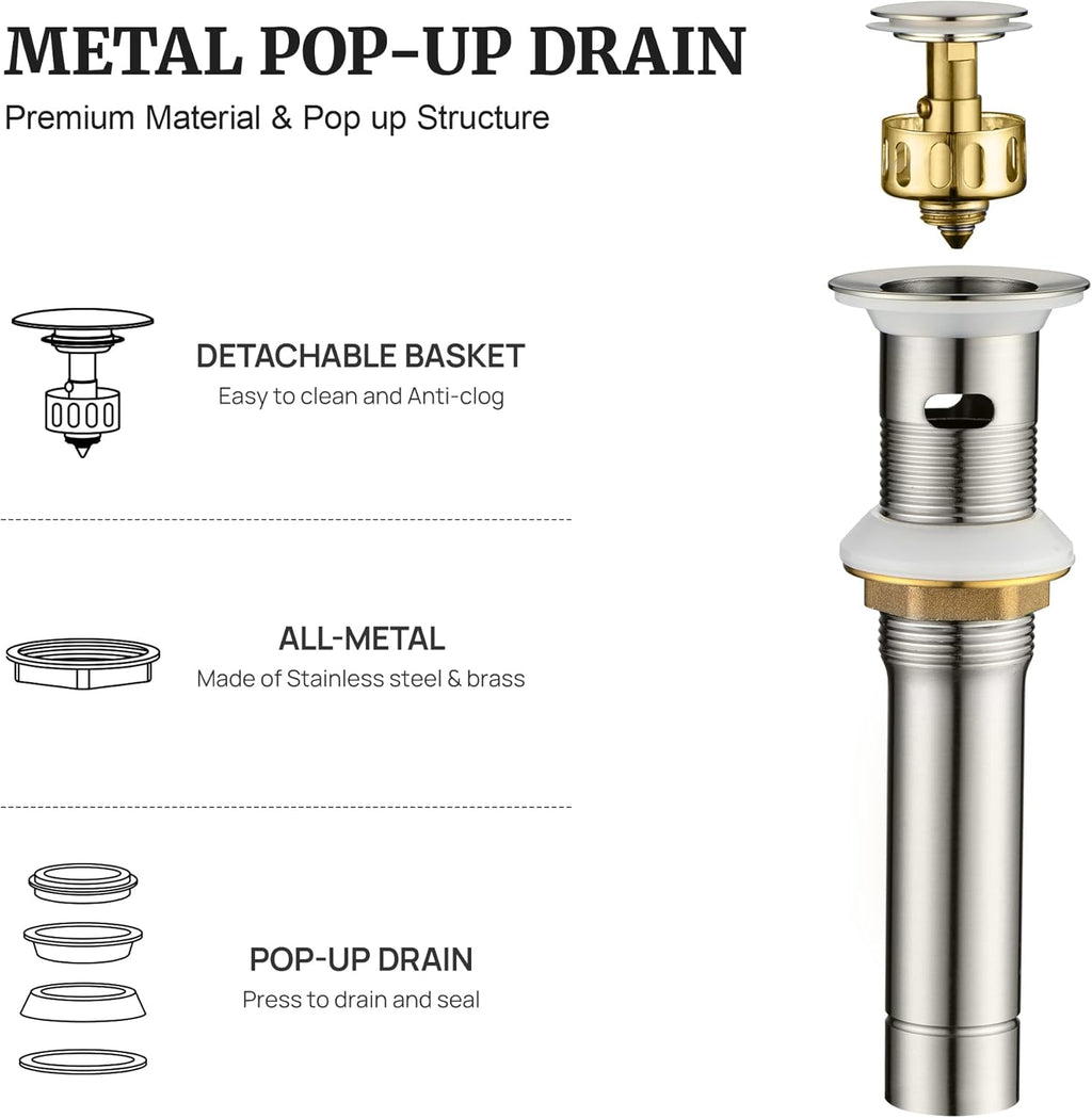 Pop up Sink Drain Stopper for Bathroom Vessel Vanity Sink Art Basin Brushed Nickel, Small Cap with Overflow, Metal Pop up Drain Strainer with Detachable Basket Stopper