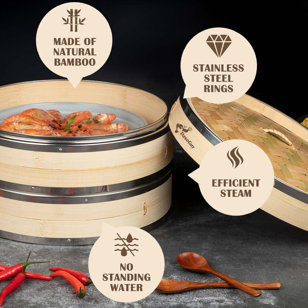 Bamboo Steamer Basket, Stainless Steel Reinforced Rim, 10-Inch 2-Tier Steamer for Cooking, 50 Liners Chopsticks Sauce Dish Dumpling Makers, Steaming Asian Food Bao Buns Dim Sum Rice Veggies Steam Pot