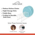 Spectrum Euro Cutting Board Holder Stand for Countertop or Inside Kitchen Cabinet Organization Matte White, 8 Slot Cutting Board Drying Rack or Cabinet Plate Bakeware Storage Organizer