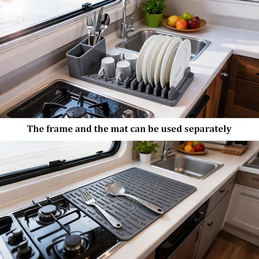 Silicone Dish Drying Rack with Mat - Foldable Space Saving Kitchen Sink Organizer, Countertop Drainer for Dishes Utensils (50x35cm Mat & Detachable Holder)
