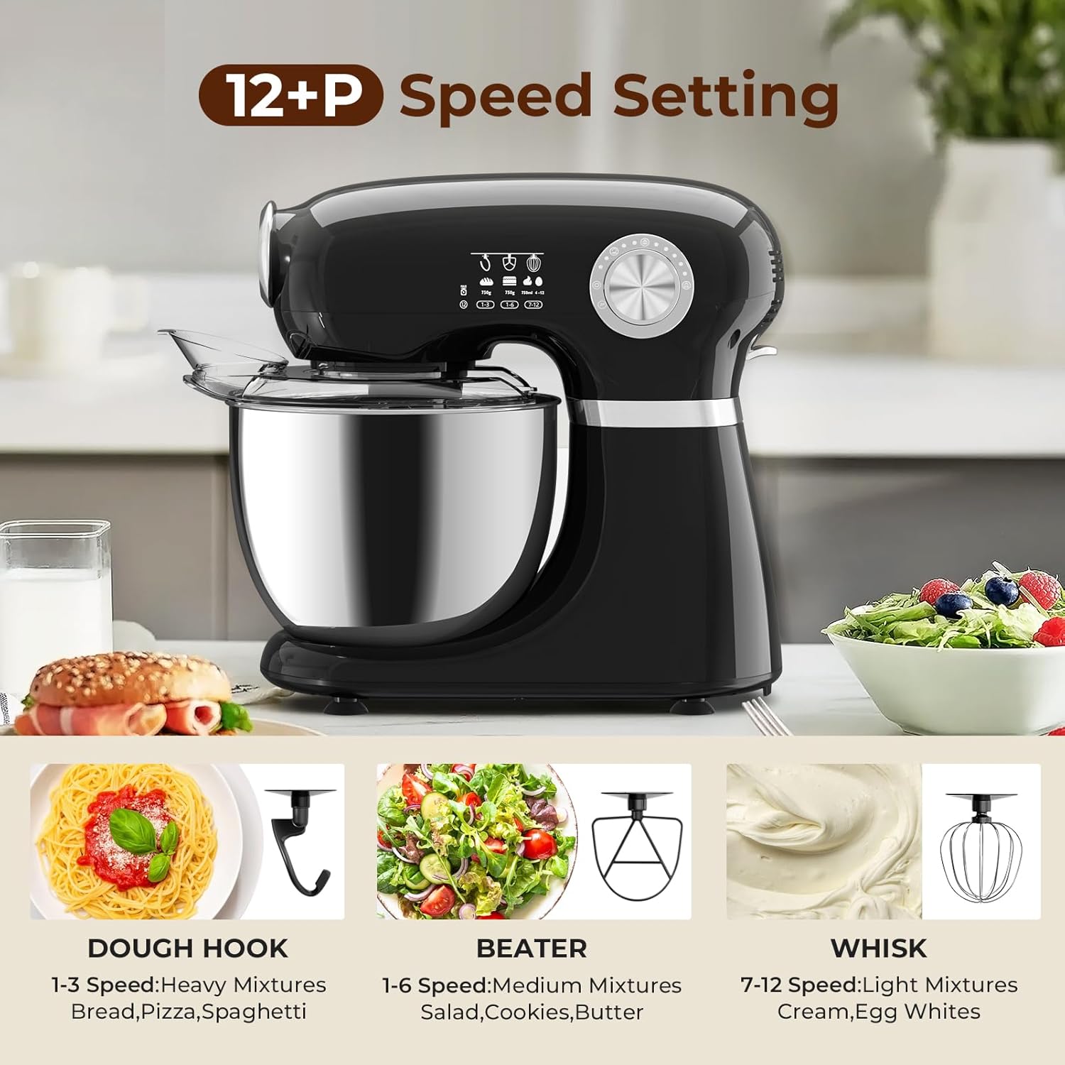 Stand Mixer With 12 Speed,5.3 Quart Electric Mixer With Tilt Head, Kitchen Mixer for Daily Use with Egg Whisk,Dough Hook,Flat Beater,BLACK