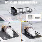 Stainless Steel Expandable Dish Drying Rack with Silicone Drying Mat and Removable Cutlery Holder for 14''-19'' Kitchen Sink