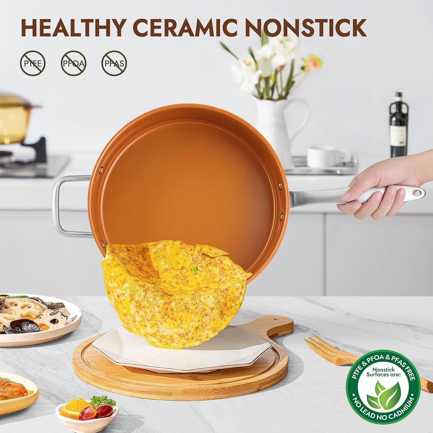 Ceramic Saute Pan with Lid, 5.5QT Nonstick Frying Pan without PFAS, PTFE, or PFOA, Stainless Steel Base Deep Skillet for All Cooktops, Oven & Dishwasher Compatible
