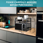 DOLALIKE Microwave Oven Rack, Expandable Microwave Stand Countertop Kitchen Utensils Tableware Storage, Carbon Steel Over Microwave Shelf Countertop with 3 Hooks